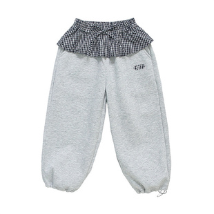 女童裤子春外穿宝宝春秋季灰色收口卫裤带屁帘格子花边长裤直筒裤