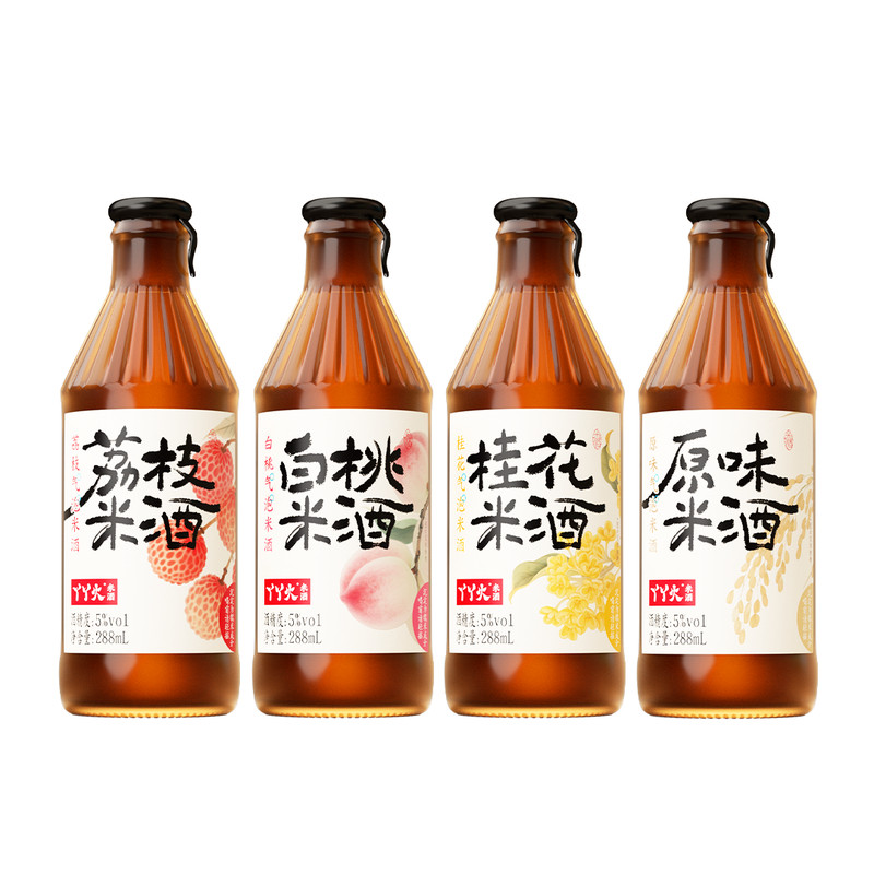 丫丫火荔枝白桃桂花原味气泡米酒糯米果味微醺低度甜酒酿发酵酒