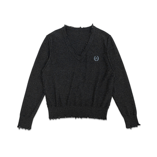 ECHOADE柔软舒适 精选100%绵羊毛logo刺绣破洞V领落肩设计针织衫