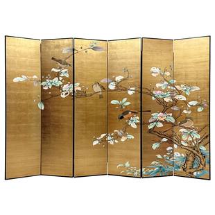 中古风屏风金箔花鸟餐客厅茶室背景新中式酒店工程定制大堂装饰画