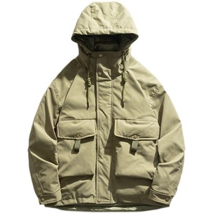 漫渡口袋连帽工装羽绒服外套男女日系复古机能白鸭绒加厚棉服bf潮