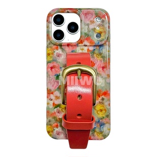 法式油画花簇橘色系植糅牛皮腕带手机壳适用苹果系列iphone17 promax经典铜扣全包手机保护套16/15手机保护壳