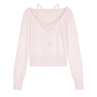 kleesier韩国设计师品牌粉色长袖假两件长袖修身新品时尚T恤衫