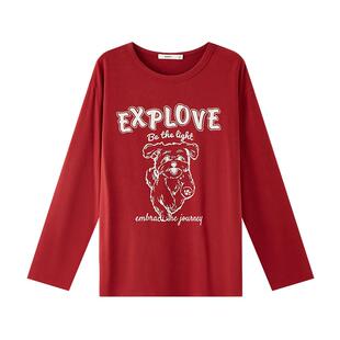 三福红色上衣女2026新款春季小狗印花圆领宽松长袖T恤女装512980
