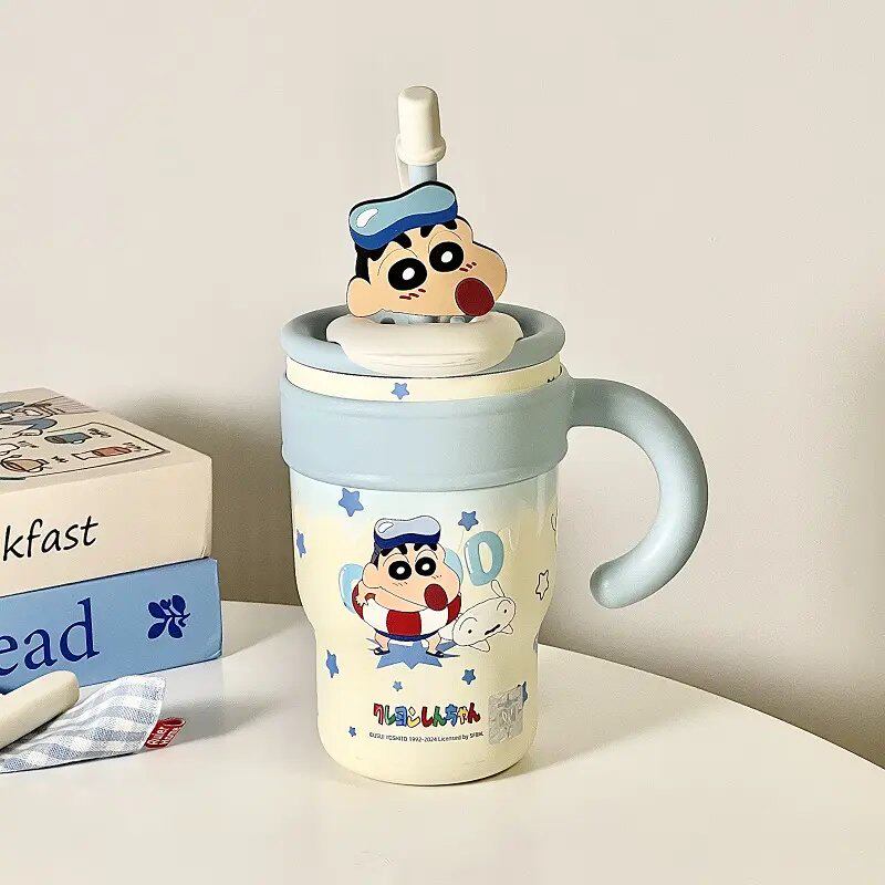 蓝色蜡笔小新大容量可爱吸管直饮两用保温杯女生办公室冰霸水杯子