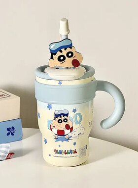 蓝色蜡笔小新大容量可爱吸管直饮两用保温杯女生办公室冰霸水杯子