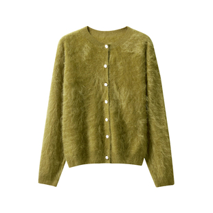 皮皮狗【重磅拉毛羊绒】25秋冬新款圆领纯羊绒拉绒开衫女外套毛衣