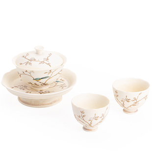 苏打烧萱草莺飞花边盖碗一壶两杯功夫茶具茶杯家用三才带盖泡茶碗