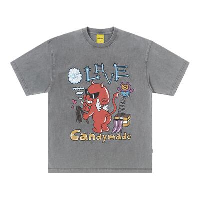 CANDYMADE春夏EL系列恶魔白墨直喷潮流水洗灰宽松圆领短袖