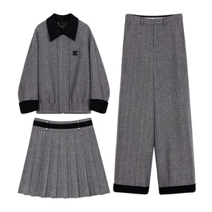 NancyCavally专柜款人字纹羊毛  撞色羊皮夹克/压褶短裙/长裤套装