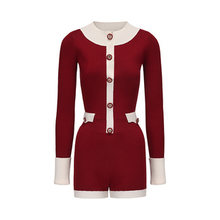 【徐如蓝同款】NanaJacqueline酒红色圆领针织连体裤女冬新年战袍