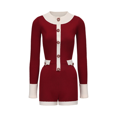 【徐如蓝同款】NanaJacqueline酒红色圆领针织连体裤女冬新年战袍