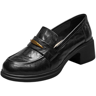 意尔康女鞋春秋季羊皮乐福鞋面试粗跟通勤软面真皮一脚蹬小皮鞋