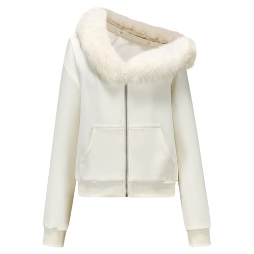 SourceWithU 许妍穿搭 2色贵气感莫代尔兔可拆毛毛领拉链卫衣外套