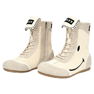 SMILEY笑脸白色拳击鞋中筒绑带女鞋增高圆头厚底增高复古时尚靴子