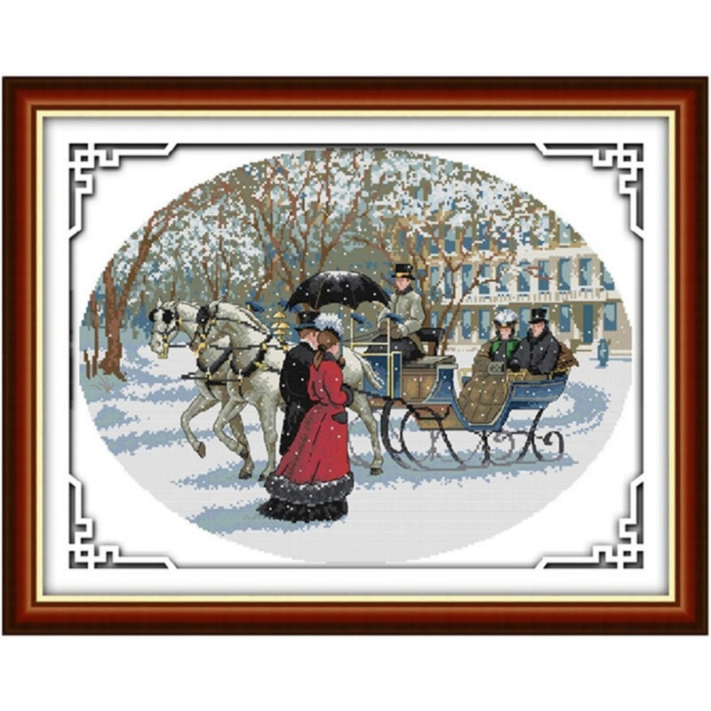 雪天马拉雪橇十字绣雪景欧式复古