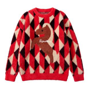 BJHG不计后果马年红色毛衣男款冬季美式复古撞色上衣女圆领情侣装