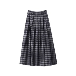 复古黑色格纹百褶半身裙女秋冬加厚学院风格子裙高腰a字长裙伞裙