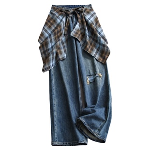 格纹屁帘真两件高腰显瘦宽松复古破洞阔腿裤直筒裤女裤牛仔裤V419