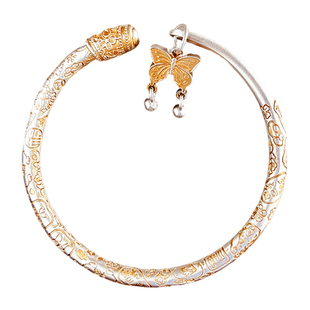 中式复古手镯女纯银9999开口蝴蝶吉言国风银镯子描金生日礼物女生