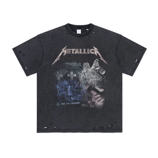 Metallica摇滚乐队美式夏季水洗做旧复古短袖高街宽松休闲流行T恤