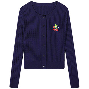 落落狷介开衫冰丝针织衫女2025新款藏青色小个子长袖上衣刺绣麻花