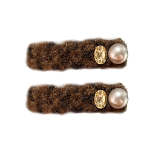 咖色毛绒珍珠发夹高级感刘海侧边夹前额一字夹碎发发卡女秋冬发饰
