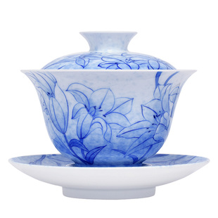景德镇手绘三才盖碗青花瓷百合花陶瓷单个茶杯功夫茶具泡茶盖碗