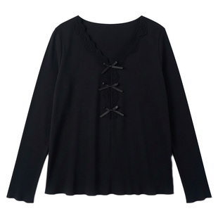 大码胖mm巨好看上衣V领蕾丝花边拼接巨好看上衣遮肚设计感针织衫