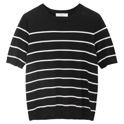 米皇春夏圆领桑蚕丝短袖上衣女休闲知性通勤条纹真丝T恤