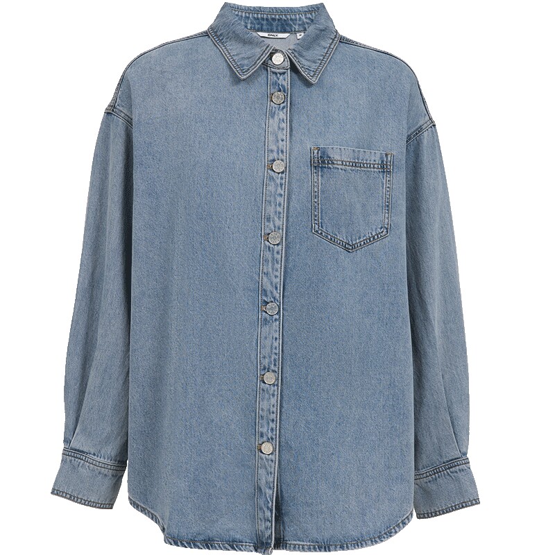 【莱赛尔】ONLY2026春季新款松驰感弧形下摆粉色牛仔衬衫上衣女