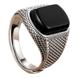 镀S925银戒指男经典戒可调节大小个性潮复古黑玛瑙食指戒宽戒指