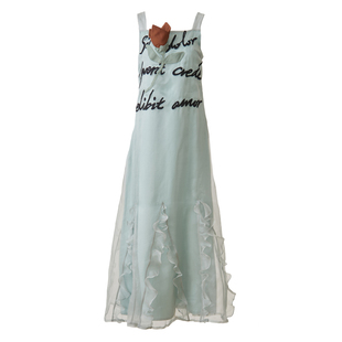 XUNRUO熏若吴昕明星同款薄荷绿手工花朵字母刺绣木耳边无袖连衣裙