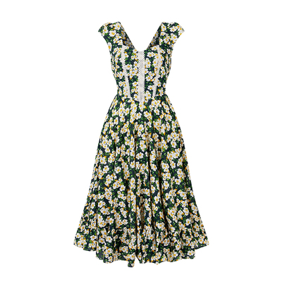 赫本风连衣裙显瘦大摆裙黑底碎花