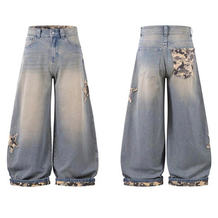 美式复古迷彩拼接阔腿弯刀牛仔裤男女春秋季宽松贴布星星刺绣长裤