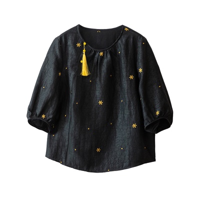 SILVIYE溯也 100%桑蚕丝龟裂纹香云纱刺绣流苏真丝七分袖上衣女春