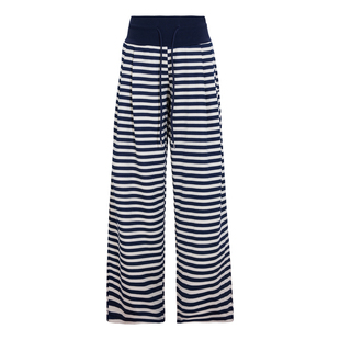 松弛风高腰拼接条纹抽绳阔腿裤女慵懒风百搭显瘦垂感拖地休闲长裤