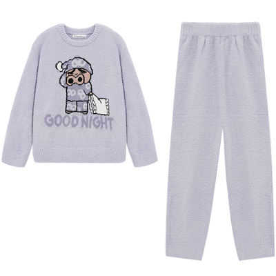 亲嘴猫半边绒可外穿卡通睡衣套装