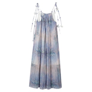 【明星同款】KINGWEN薄纱连衣裙女夏日海边度假挂脖长裙渐变印花