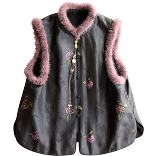 云澍 手绘提花缎香云纱新中式国风水貂毛领加棉马甲棉服上衣女冬