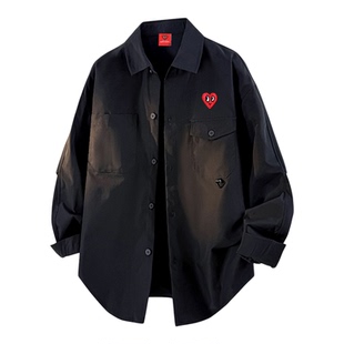 查尔斯桃心 美式工装纯色长袖衬衫男春秋季衬衣爱心刺绣休闲外套