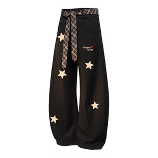 查尔斯桃心星星印花休闲弯刀裤男女春上新新款潮牌宽松直筒长裤子