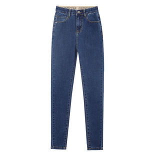 紧身牛仔裤女2026新款春季高弹修身配靴子铅笔裤深蓝色加绒小脚裤