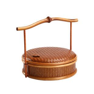 筇竹提柄圆盒竹编大漆提篮中式茶具收纳筐家用普洱茶盒点心篮手工