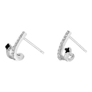 S925纯银四叶草耳钉女韩国气质网红黑色耳环2026年新款防过敏耳饰