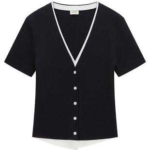 OCHIRLY欧时力  天丝亚麻假两件短袖针织外套V领撞色空调衫春夏