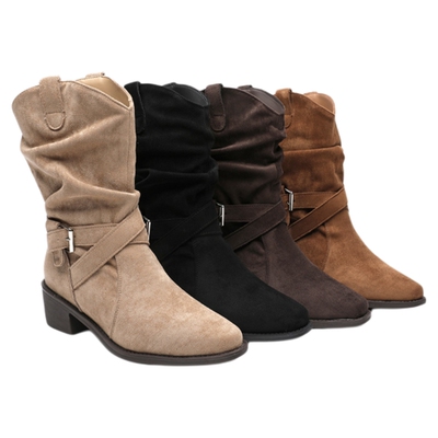 月芽儿复古尖头短筒靴女2025新款冬季废土风西部牛仔靴粗跟堆堆靴