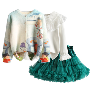 森系儿童tutu裙套装女童水貂绒外套女宝宝秋冬装加绒打底衫三件套