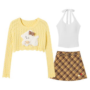 织物猪 黄桃汽水 甜美风小狗刺绣毛衣女秋冬可爱宽松短款上衣外套