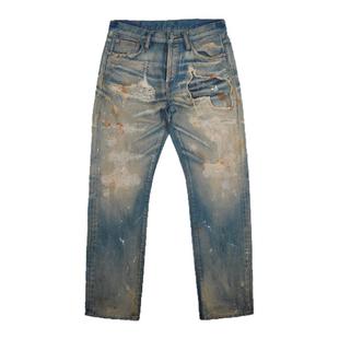 WIROTE/威络重磅糜烂大补丁破洞拼接油漆做旧水洗赤耳牛仔裤16oz